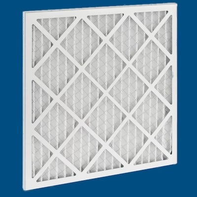 A white square air filter with a geometric pattern, typically used in HVAC systems.